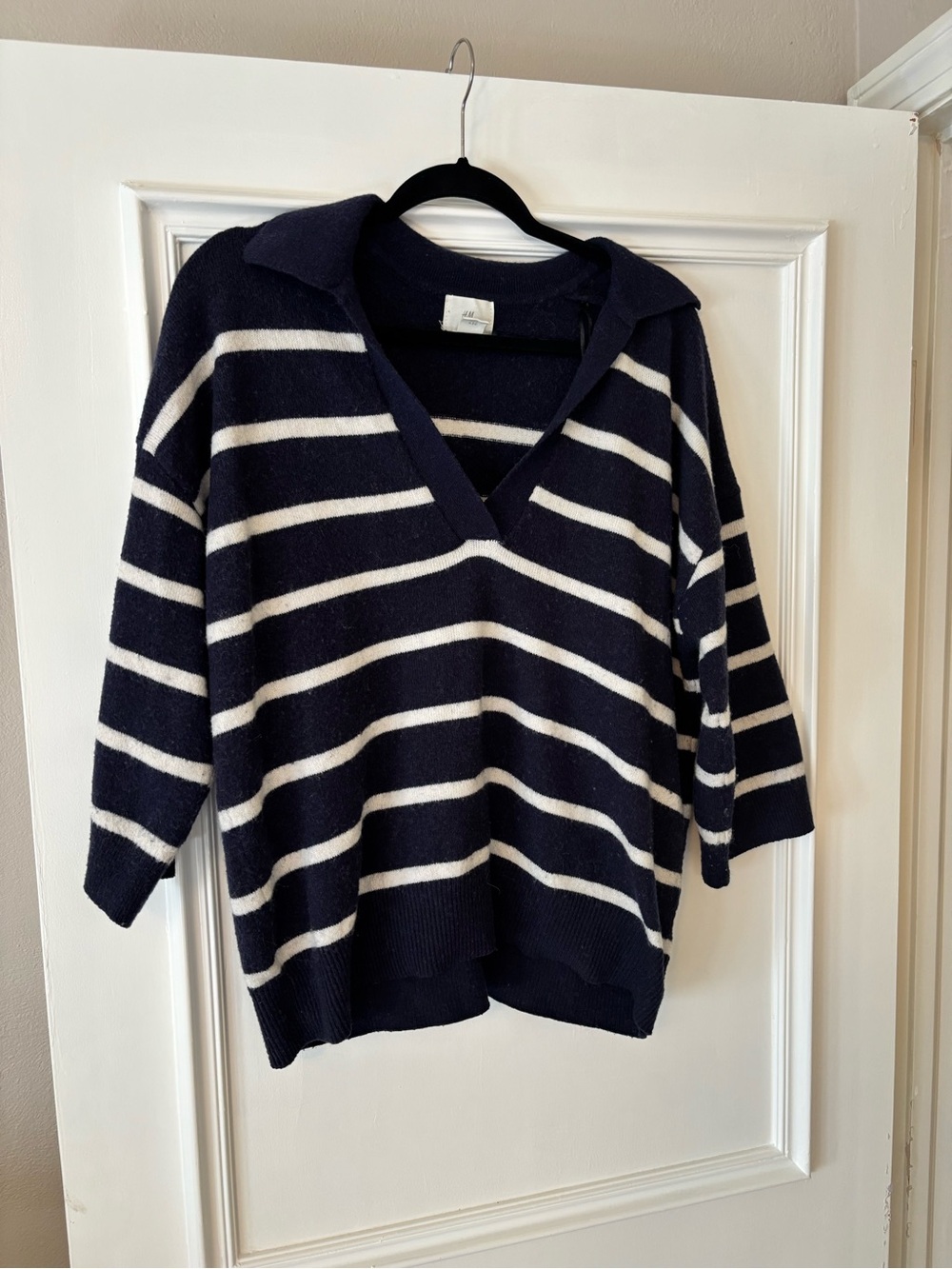 H&M Navy and White Striped V-Neck Collared Sweater